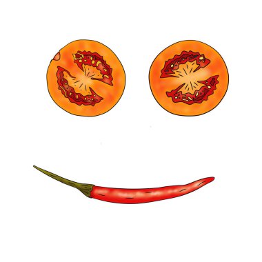 İyi bir ruh hali içinde gülümseyen domates ve kırmızı biber tasviri. Beyaz arka plan.