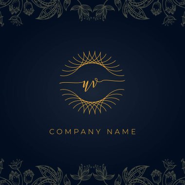 Zarif lüks UV logosu. Bu simge, soyut yuvarlak, çiçekli arka planda ince geometrik şekle sahip anonim şirkettir. Hangi şirket veya markanın bu ilk adımları atması uygun olacaktır.