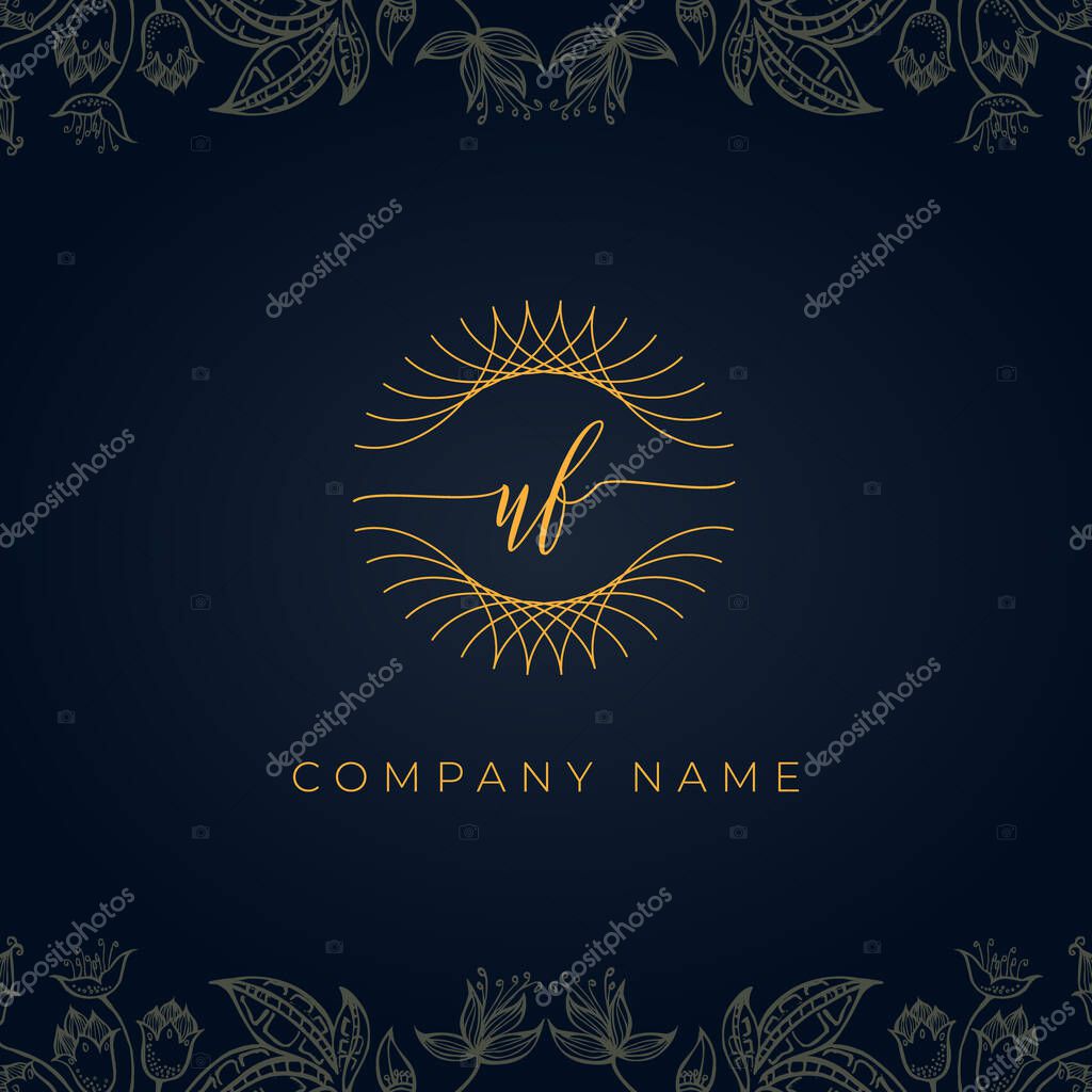 Elegant luxury letter UF logo. This icon incorporate with abstract rounded thin geometric shape in floral background.It will be suitable for which company or brand name start those initial.