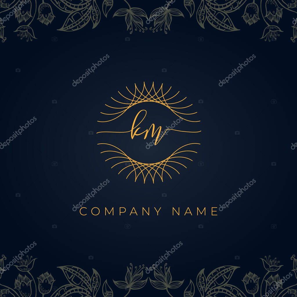 Elegant luxury letter KM logo. This icon incorporate with abstract rounded thin geometric shape in floral background.It will be suitable for which company or brand name start those initial.