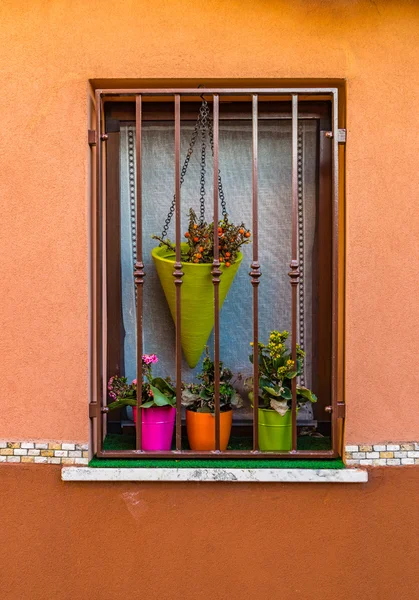 Ventana con ollas de flores fucsia, naranja y verde — Foto de Stock