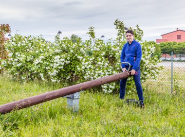 çokluk fotoğraf, çocuk bir tahterevalli üzerinde kendisi ile oynar