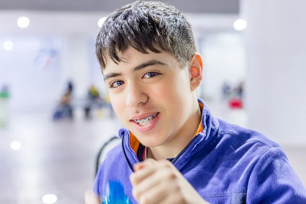 Portrait Caucasian Boy Waiting Room Train Station — Stock Photo, Image