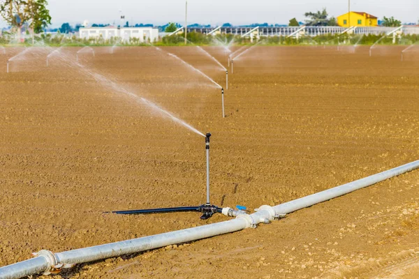 太陽光発電パネルの近くで回転噴霧器を用いた耕地の灌漑 — ストック写真