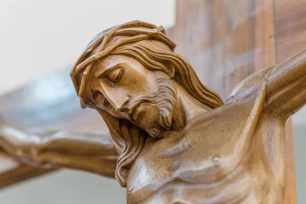 Visage Jésus Crucifié Sur Croix Dans Une Statue Bois — Photo
