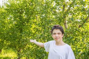elma ağaçlarının satır yanında genç alanları göstermek için elini uzatır