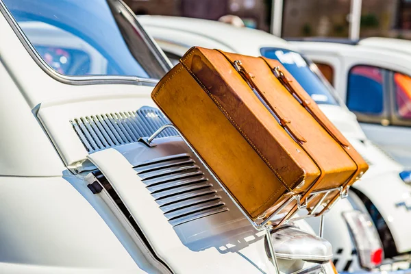 Leather Suitcase Luggage Rack Ancient Italian Subcompact White Car — Stock Photo, Image