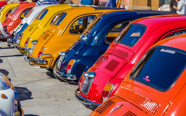 Vintage Car Bright Colors Italian Cars Parked Rows — Stock Photo, Image