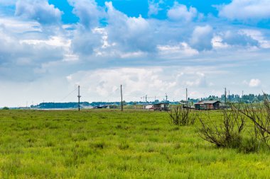 İtalya'da acı lagünün sessiz su ve yeşil alanlar ile çevrili balıkçılık kulübeleri