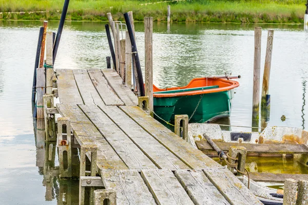 Pier Made Old Rough Wooden Planks Encrusted Salt Moored Old — Stock Photo, Image