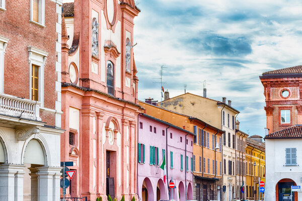 Colors of old buildings in a small town of Romagna, in Italy