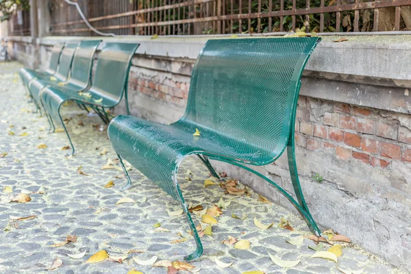 Green Iron Benches Lined Cobbled Street Leaves Pollen — Stock Photo, Image