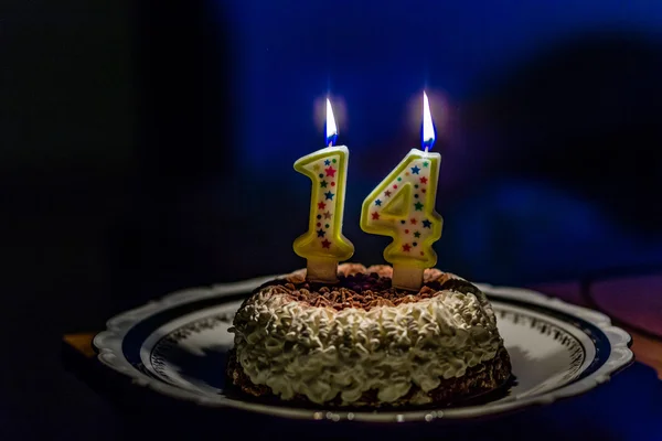 Cream Chocolate Cake Lit Number One Number Four Candles Celebrate — Stock Photo, Image