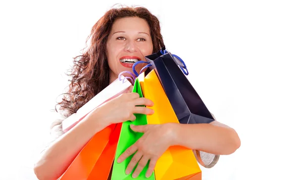 Isolato Colpo Appassionato Shopping Donna Matura Abbracciando Borse Colorate Sfondo — Foto Stock