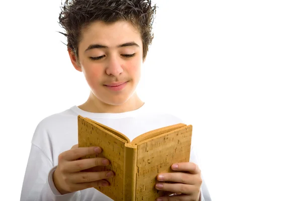Carino ragazzo legge marrone sughero bianco libro sorridente — Foto Stock