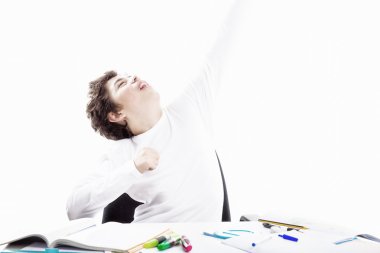 neşeli çocuk ev ödevi boş kitap süper kahraman olarak uçacak