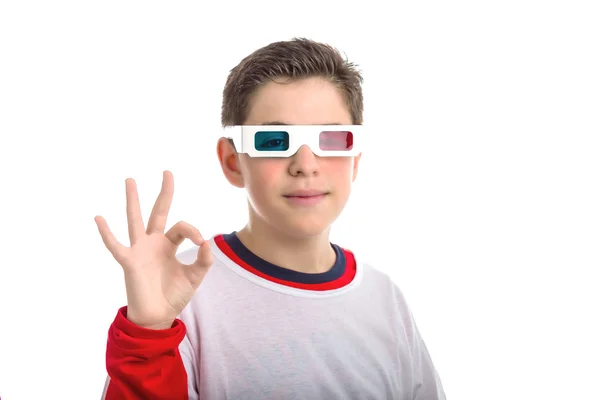 Hispanic boy wears 3D glasses and makes OK sign — Stock Photo, Image