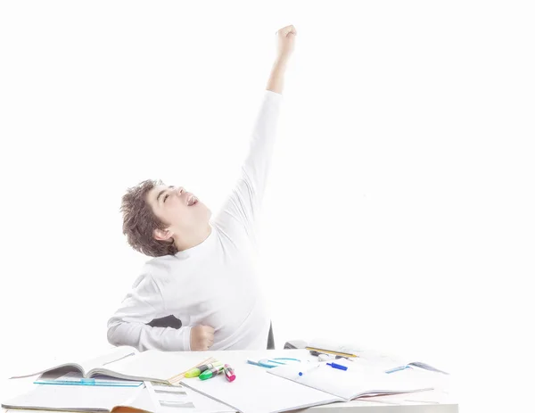 Joyful boy going to fly as super hero on homeworks — Stock Photo, Image