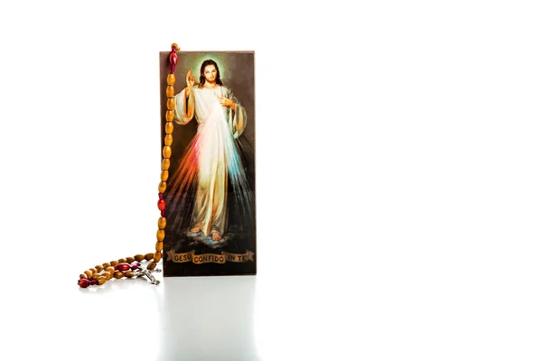 Image de Jésus miséricordieux et perles de chapelet — Photo
