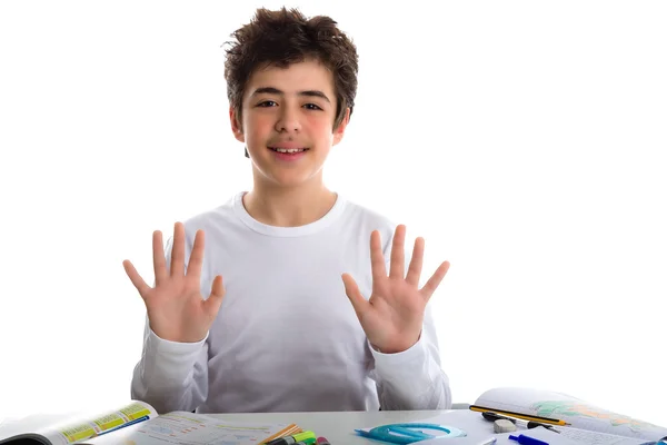 Teenager boy on homeworks smiling and showing number 10 — Stock Photo, Image