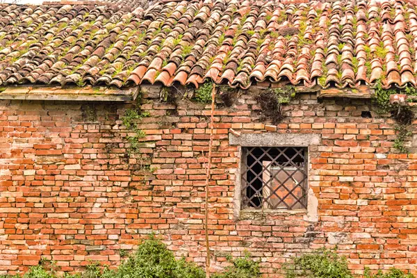 Ventana con rejilla de lozenge en casa arruinada — Foto de Stock