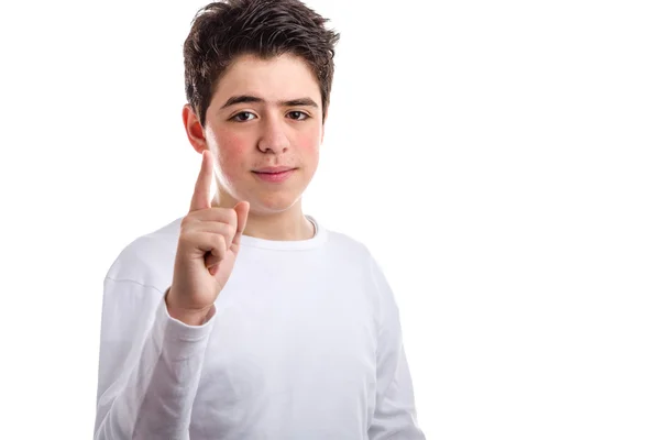 Akne Kaukasischer Junge zeigt mit rechtem Zeigefinger nach oben — Stockfoto