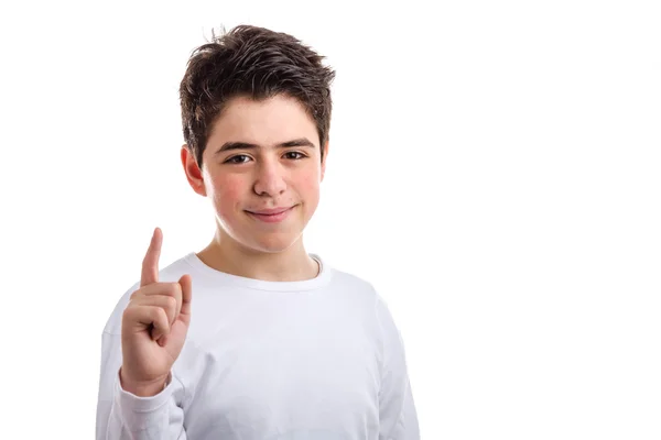 Akne Kaukasischer Junge zeigt mit rechtem Zeigefinger nach oben — Stockfoto