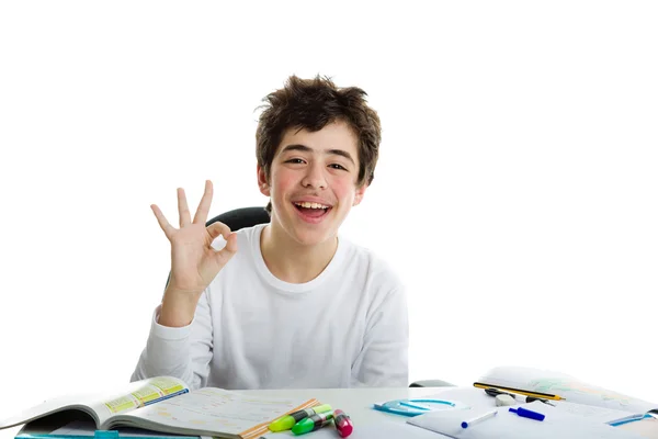 Boy showing success OK on homework — Stock Photo, Image