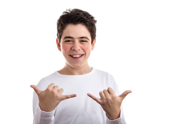 Caucasiano menino fazendo shaka gesto — Fotografia de Stock