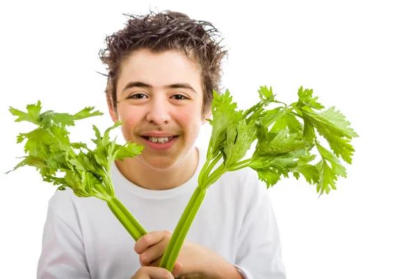 Caucasian boy holding celery sticks — Stock Photo, Image