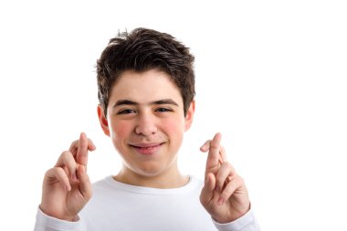 latin genç çocuk sivilce ile tarafından şanslı jest olarak parmak çarpı işareti 