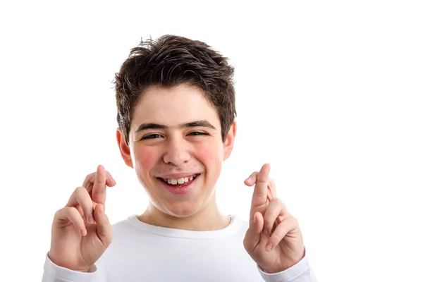 Latin genç çocuk sivilce ile tarafından şanslı jest olarak parmak çarpı işareti — Stok fotoğraf