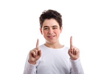 Çift nokta jest sivilce ile beyaz çocuk tarafından 