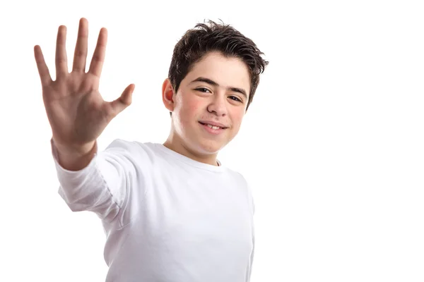 Alto gesto de cinco por adolescente hispano con piel de acné —  Fotos de Stock