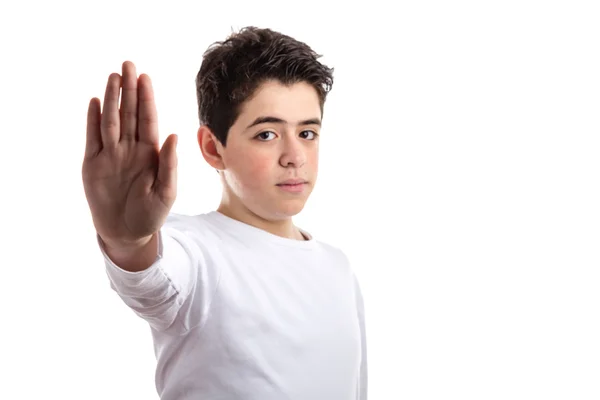 Sprechen Sie mit der Handgeste eines kaukasischen Teenagers mit Akne-Haut — Stockfoto