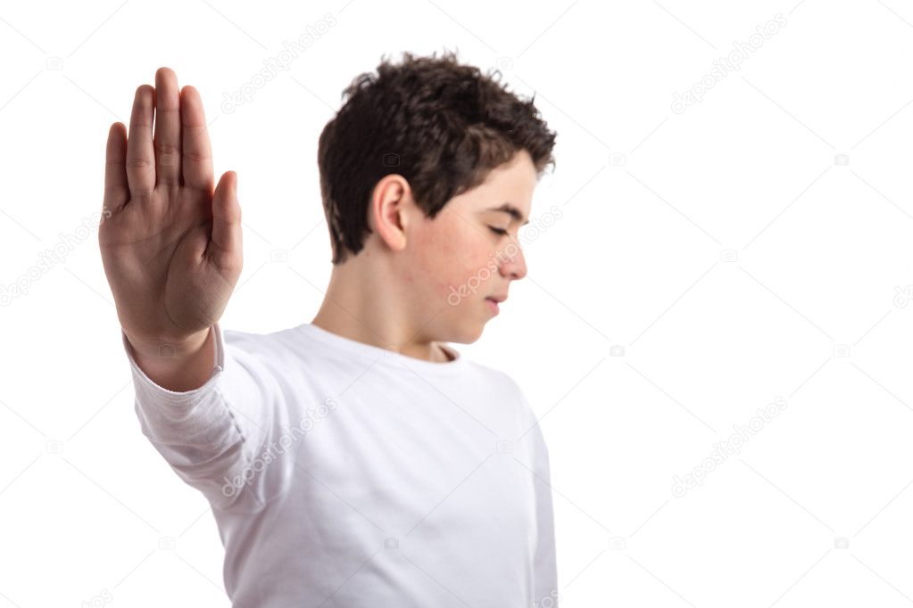 Talk to the hand gesture by blurred Caucasian teen with acne ski