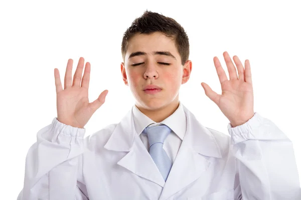 Nyitott tenyér gesztus fiú orvos — Stock Fotó