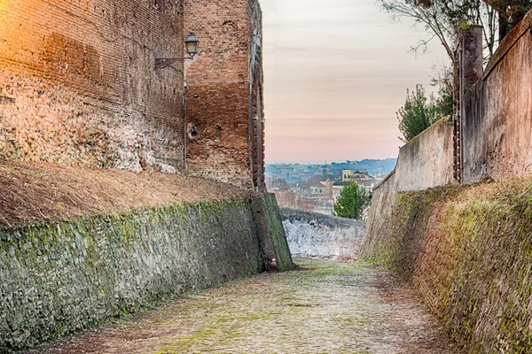Narrow road overlooking the rooftops of Rome, historic palaces, Catholic churches and old houses