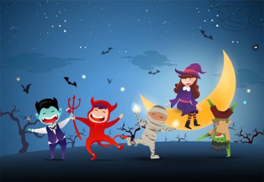 Cadılar Bayramı parti afişi ya da arka planda sevimli korkunç çizgi film karakterleri ve gece sahnesinde dolunay. Vektör illüstrasyonu.