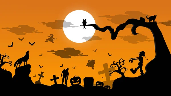 Noche Halloween Fondo Fiesta Silueta Horror Eveil Miedo Murciélago Tumba — Archivo Imágenes Vectoriales