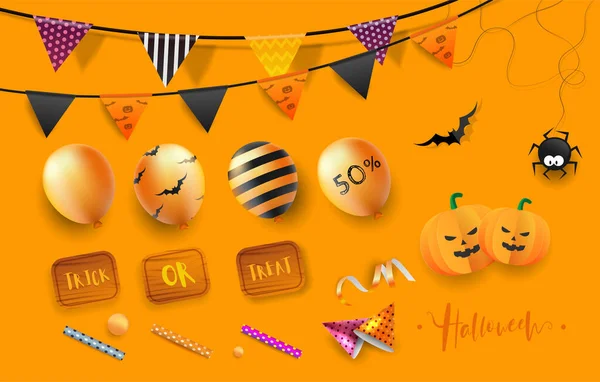 Kolekcja Elementów Halloween Zestaw Najsłodszych Upiorny Balon Znak Trick Lub — Wektor stockowy