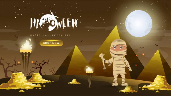 Banner Fiesta Halloween Fondo Con Lindo Personaje Dibujos Animados Momia — Vector de stock