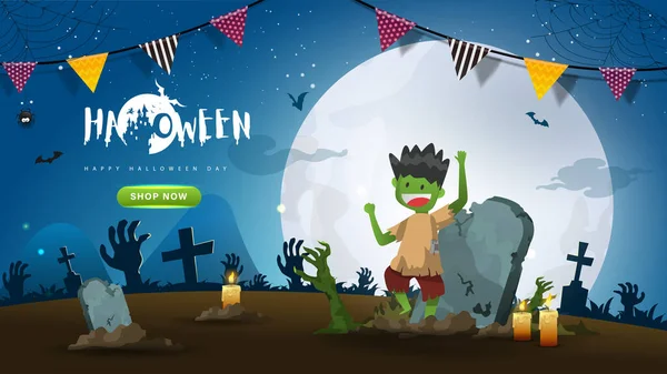 Banner Fiesta Halloween Fondo Con Lindo Personaje Dibujos Animados Miedo — Vector de stock