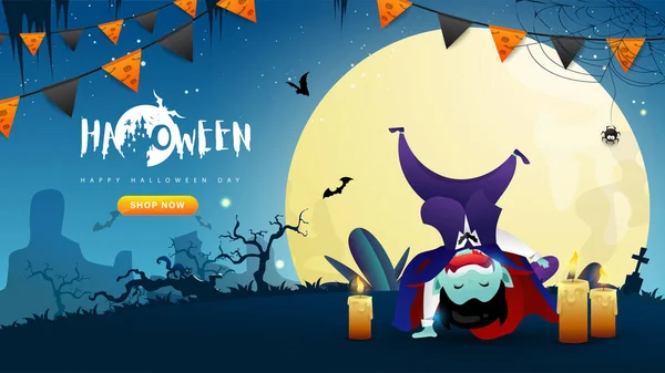 Banner Fiesta Halloween Fondo Con Lindo Personaje Dibujos Animados Miedo — Vector de stock