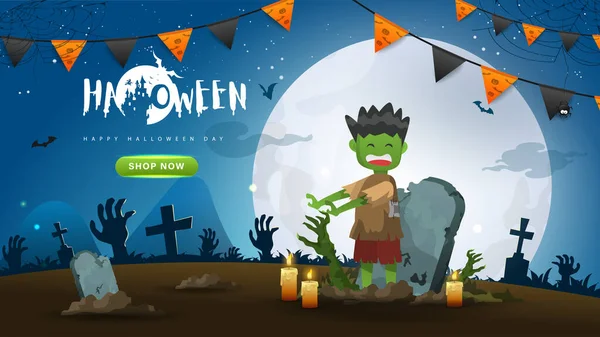 Banner Fiesta Halloween Fondo Con Lindo Personaje Dibujos Animados Miedo — Archivo Imágenes Vectoriales