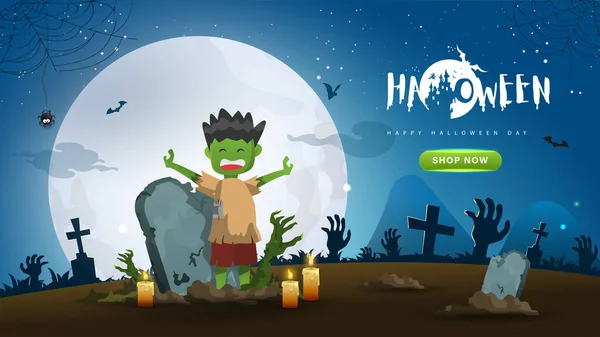 Banner Fiesta Halloween Fondo Con Lindo Personaje Dibujos Animados Miedo — Vector de stock