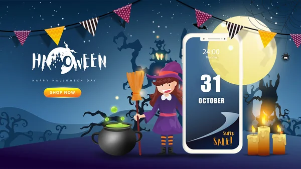 Halloween Compras Móviles Dibujos Animados Línea Lindo Personaje Con Gran — Vector de stock