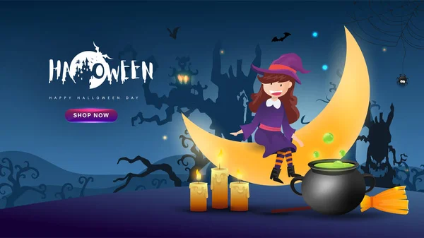 Banner Fiesta Halloween Fondo Con Lindo Personaje Dibujos Animados Miedo — Vector de stock