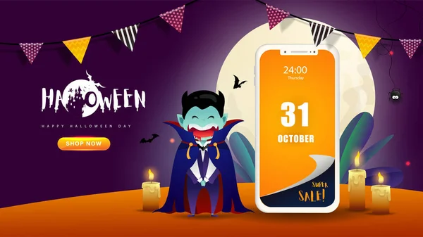 Мультфильм Хэллоуин Мобильных Покупок Онлайн Симпатичный Персонаж Большой Луной Ночном — стоковый вектор
