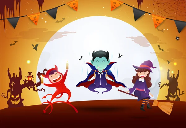 Banner Fiesta Halloween Fondo Con Lindos Personajes Dibujos Animados Miedo — Vector de stock